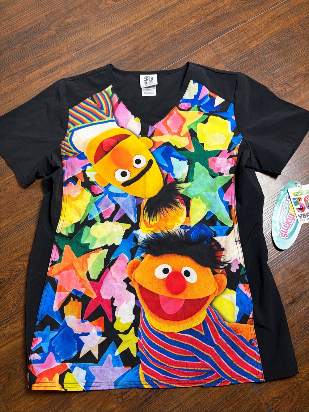 WonderWink Kids V-Neck Top with Multicolor Floral Print (Black Base)